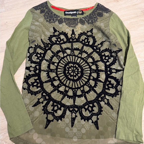 Desigual Tops - Desigual Olive and Black Mandala Lace Top